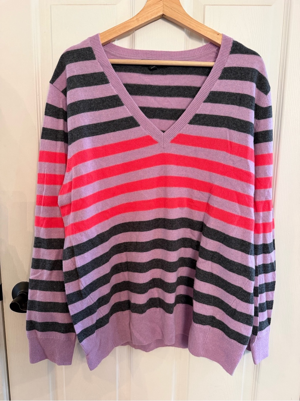 Banana Republic Lavender, Charcoal and Bright Pink Striped V-Neck Sweater